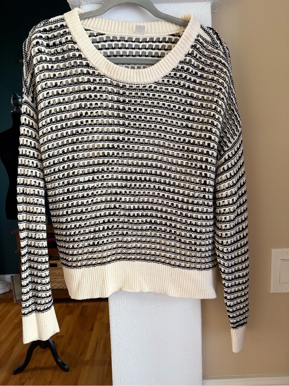 Old Navy Cream and Black Striped Crewneck Sweater